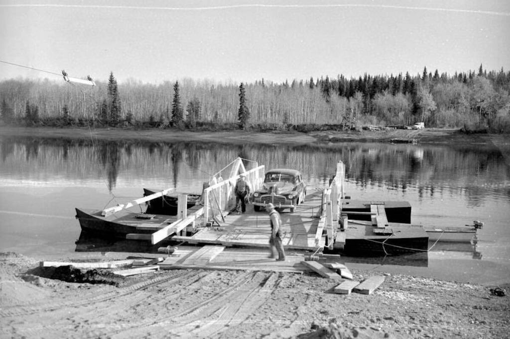 This historic photo is of a reaction ferry across the Nechako River at Fort Fraser, circa 1951. The crossing originally sat just above the confluence of the Nautley River. Over time it moved upriver to the end of Chamberlain Street. The ferry service in Fort Fraser dates back to at least 1906, when it was operated by Vital Laforce. (BC Archives)